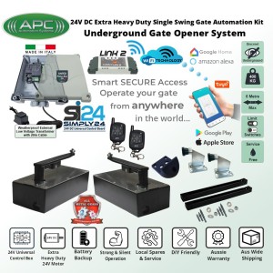 Discreet Underground Automatic Gate WiFi Smart Kit with Italian-Made Simply 24 Universal Control Box, 24V External Transformer and 20m Low Voltage Cable,  APC-UG2400C Extra Heavy Duty All Metal Gears Underground Gate Motor, Adjustable Limit Switches, Safety Sensor, Remote Controls, WiFi Smart Switch, Double Swing Gate Opener