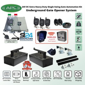 Discreet Underground Automatic Gate Wireless Controller Kit with Italian-Made Simply 24 Universal Control Box, 24V External Transformer and 20m Low Voltage Cable, APC-UG2400C Extra Heavy Duty All Metal Gears Underground Gate Motor, Adjustable Limit Switches, Safety Sensor, Wireless Keypad and Push Button Switch, Remote Controls, Double Swing Gate Automation