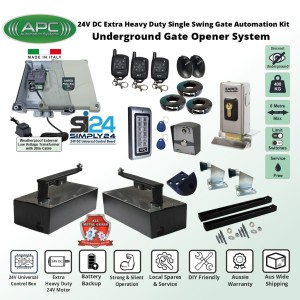 DIY Gate Opener Super Secure Kit Discreet Underground Automatic Gate System with Italian-Made Simply 24 Universal Control Box, 24V External Transformer and 20m Low Voltage Cable, APC-UG2400C Extra Heavy Duty All Metal Gears Underground Gate Motor, Adjustable Limit Switches, Safety Sensor, Electric Gate Lock, Keypad with EM card Reader, Push Button Switch, Remote Controls, Double Swing Gate Automation