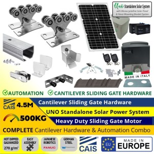 4.5M Complete Cantilever Gate Hardware and SOLAR Automation Package. Hot Dip Galvanised German Steel Cantilever Sliding Gate Hardware (Made in Europe by CAIS) and Heavy Duty 500kg Sliding Gate Opener Standalone Solar OFF Grid Power System (Made in Italy)