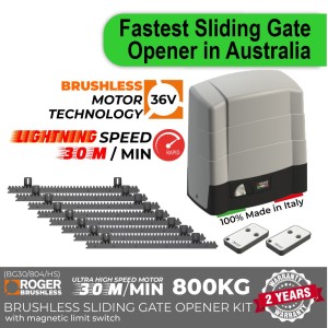 Lightning Speed (50cm/s), Brushless 36V, 800kg, Sliding Gate Opener Kit|100% Italian Made by Roger Technology BG30/804/HS Rolling Gate Automation System. Ultra-High ⚡ Speed 100% Duty Cycle 800kg Capacity Brushless 36V Sliding Gate Motor With Magnetic Limits and Remote Controls
