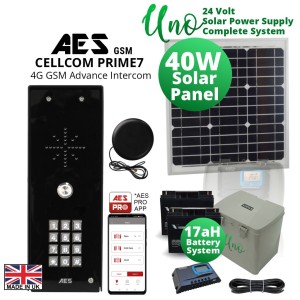 GSM Audio Intercom System With Off-Grid Standalone Solar Power System. | Advanced Wireless GSM Audio Intercom Door Station Secure Smart Access Control System With Call Button, Keypad and Free Smartphone App | 24 Volt Solar Power Supply System with 17aH Battery and 40 Watts Solar Panel Complete Solar Power System. | Made in UK by AES
