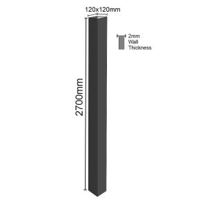 120x120x2700mm Post incl Post Cap | Black Powdercoated Steel Gate Post | 2mm Thickness