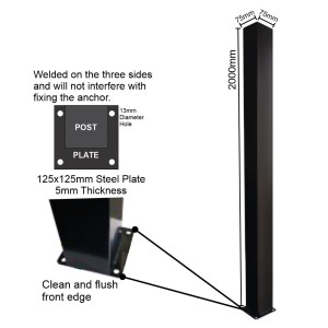 75x75x2000mm Post With Bolt Down Base Plate and Post Cap | Satin Black Powdercoated