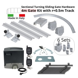 Complete 4m Turning Around The Corner Multi-Panels Sliding Gate Hardware with Gate Automation Combo | Italian-Made Sliding Gate Opener with Corner Turning Multi-Panels Sliding Gate Hardware. R=0.5m Curved Ground Track, Corner Sectional Gate Wheels, Sliding Gate Tracks, Limit Stops for Gate Opening and Closing Position and Adjustable Upper Guide Plate With 4 Rollers