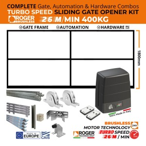 5m Complete Automatic Driveway Sliding Gate Combo With 5m Steel Satin Black Powdercoated Gate Frame (1.8m Height), European-Made CAIS Sliding Gate Hardware and Turbo Speed(44CM/S), 400KG, 100% Duty Cycle Brushless Sliding Gate Opener Made in Italy by Roger Technology