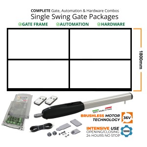 5m Complete Automatic Single Swing Gate Combo with Gate Frame (1.8m Height), Super Intensive Use Brushless Single Swing Gate Opener System 100% Italian Made by Roger Technology. Remote Control Secure Access Driveway Single Swing Gate Automation Package