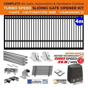 COMPLETE 4m Ring Top Gate, ULTRA High Speed 100% Duty Cycle 400kg Roger Technology Brushless Gate Opener and European Made CAIS Sliding Gate Hardware Combo