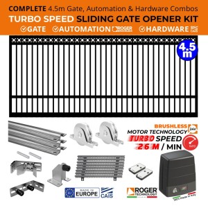 COMPLETE 4.5m Ring Top Gate, ULTRA High Speed 100% Duty Cycle 400kg Roger Technology Brushless Gate Opener and European Made CAIS Sliding Gate Hardware Combo
