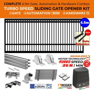 COMPLETE 4.9m Sliding Gate Combo (4.5m Ring Top Gate + 0.4m Gate Extension), ULTRA High Speed 100% Duty Cycle 400kg Roger Technology Brushless Gate Opener and European Made CAIS Sliding Gate Hardware Combo