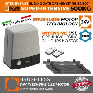 500 KG Automatic Sliding Gate Opener, Intensive Use 24V Brushless Electric Motor with Mechanical Limit Switch | 100% Italian Made by Roger Technology BM30/500 Sliding Driveway Gate Automation Remote Control System. High Torque, 100% Duty Cycle Brushless Sliding Electric Gate