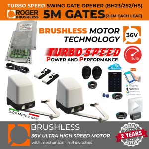 Turbo Speed Brushless Articulated Arm Swing Gate Automation WiFi Smart Kit with 100% Italian Made by Roger Technology BH23/252/HS Swing Driveway Gate Opener Irreversible Electric Gate Motor, APC MONDO Wi-Fi Keypad Smart APP Access Control, Remote Controls, Photocells Safety Sensor, Flashing Safety Light with Integrated Antenna and Cables | Ultra High-Speed 100% Duty Cycle Brushless Engine With Mechanical Stopper in Opening and Closing Limits | Max. 5m Double Swing Gate Opening (2.5M or 250KG Each Leaf) | Super Intensive Use