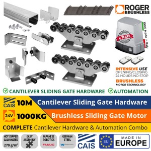 10M Complete Cantilever Gate Hardware and Automation All-In-One Package. Hot Dip Galvanised German Steel Cantilever Sliding Gate Hardware (Made in Europe by CAIS) and 1000KG Super Intensive Use Brushless Sliding Gate Automation (Made in Italy by Roger Technology)