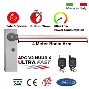 4 Meter Boom Barrier Gate Operator with Remote Controls. Ultra High-Speed 24V DC APC V2 NUUR4, Universal Boom Barrier. Car Parking Secure Access Control System, Made in Italy