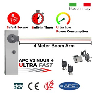 Boom Gate Operator Trade Kit. 4 Meter Boom Barrier Gate Operator with  Two Remote Controls and Safety Sensors. Ultra High-Speed 24V DC APC V2 NUUR4, Universal Boom Barrier, Car Parking Secure Access Control System, Made in Italy