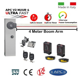 4 Meter Boom Gate Barrier with Remote Controls, Induction Loop Detectors and Retro Reflective Safety Sensor. Ultra High-Speed 24V DC APC V2 NUUR4, Universal Boom Barrier. Car Parking Secure Access Control System, Made in Italy