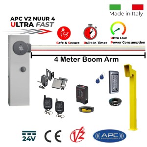 4 Meter Boom Gate Ultimate Secure Access Kit, Universal Boom Gate Ultra High-Speed 24V DC, Made in Italy, Boom Barrier / Parking Barrier, Car Parking Access Control APC V2 NUUR 4, Remote Controles, Induction Loop, Gooseneck Pedestal, Keypad with EM Card Reader and Retro Reflective Safety Sensor