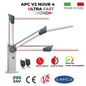 4 Meter Boom Barrier Gate Operator with 90 Degree Articulated Arm and Remote Controls. Ultra High-Speed 24V DC APC V2 NUUR4, Universal Boom Barrier. Car Parking Secure Access Control System, Made in Italy