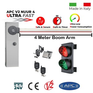 4 Meter Boom Gate Barrier Traffic Lights Secure Access Control Kit with Double (Red/Green) Traffic Signal LED Lights (Made in Italy by Stagnoli), Two Remote Controls and Retro Reflective Safety Sensor | Ultra High-Speed 24V DC APC V2 NUUR4, Universal Boom Barrier. Car Parking Secure Access Control System, Made in Italy