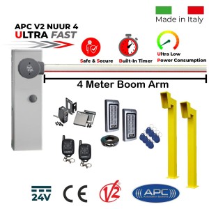 4 Meter Boom Barrier Access Control Kit with APC V2 NUUR 4, Remote Controles, Gooseneck Pedestals, Keypads with EM Card Reader | Ultra High-Speed 24V DC APC V2 NUUR4, Universal Boom Barrier/ Parking Barrier, Car Parking Secure Access Control System, Made in Italy