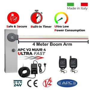 4 Meter Boom Barrier Gate Operator with Remote Controls and External 24V Transformer with 20m Low Voltage Cable. Ultra High-Speed 24V APC V2 NUUR4, Universal Boom Barrier. Car Parking Secure Access Control System, Made in Italy