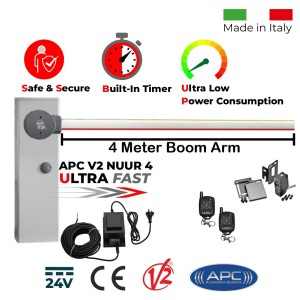 4 Meter Boom Gate Operator Trade Kit. Italian-Made Boom Gate Barrier Car Parking Access Control System APC V2 NUUR 4. Ultra High-Speed 24V APC V2 NUUR4,  4 Meter Boom Barrier Arm, Safety Sensor, External 24V Transformer with 20m Low Voltage Cable and Remote Controls
