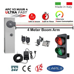 4 Meter Boom Gate Barrier Traffic Lights Secure Access Control Kit with Double (Red/Green) Traffic Signal LED Lights (Made in Italy by Stagnoli), Two Remote Controls, Retro Reflective Safety Sensor and External 24V Transformer with 20m Low Voltage Cable | Ultra High-Speed 24V  APC V2 NUUR4, Universal Boom Barrier. Car Parking Secure Access Control System, Made in Italy