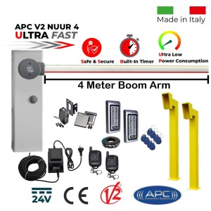 4 Meter Boom Barrier Access Control Kit with APC V2 NUUR 4, External 24V Transformer with 20m Low Voltage Cable, Two Remote Controls, Gooseneck Pedestals, Keypads with EM Card Reader | Ultra High-Speed 24V APC V2 NUUR4, Universal Boom Barrier/ Parking Barrier, Car Parking Secure Access Control System, Made in Italy