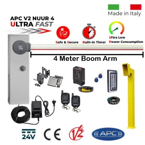 4 Meter Boom Gate Ultimate Secure Access Kit, Universal Boom Gate Ultra High-Speed 24V, Made in Italy, Boom Barrier / Parking Barrier, Car Parking Access Control APC V2 NUUR 4, External 24V Transformer with 20m Low Voltage Cable, Two Remote Controls, Induction Loop, Gooseneck Pedestal, Keypad with EM Card Reader and Retro Reflective Safety Sensor
