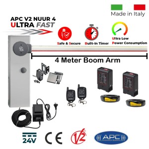 4 Meter Boom Gate Ultimate Access Kit with 4 Meter Boom Barrier Arm, External 24V Transformer with 20m Low Voltage Cable, Two Remote Controls, Retro Reflective Safety Sensor, and Entry and Exit Loop Detector. Ultra High-Speed 24V APC V2 NUUR4, Universal Boom Barrier. Car Parking Secure Access Control System, Made in Italy