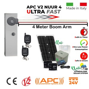 Solar Powered Off Grid 4 Meter Boom Barrier Gate Operator with 60W Solar Panel, 17ah Dual Battery, Uno All in One Standalone Solar System, Two Key Chain Remotes. Ultra High-Speed 24V APC V2 NUUR4, Universal Boom Barrier. Car Parking Secure Access Control System, Made in Italy