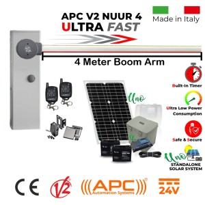 Solar Powered Boom Gate Operator Trade Kit. 4 Meter Boom Barrier Gate Operator with  60W Solar Panel, 17ah Dual Battery, Uno All in One Standalone Solar Off Grid System, Two Remote Controls and Safety Sensors. Ultra High-Speed 24V APC V2 NUUR4, Universal Boom Barrier, Car Parking Secure Access Control System, Made in Italy