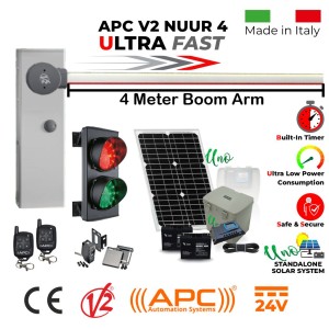 Solar Powered Boom Gate Operator with Traffic Lights Secure Access Control Kit. 4 Meter Boom Barrier Gate Operator with 60W Solar Panel, 17ah Dual Battery, Uno All in One Standalone Solar Off Grid System, Two Remote Controls, Double (Red/Green) Traffic Signal LED Lights (Made in Italy by Stagnoli) and Safety Sensors. Ultra High-Speed 24V APC V2 NUUR4, Universal Boom Barrier, Car Parking Secure Access Control System, Made in Italy