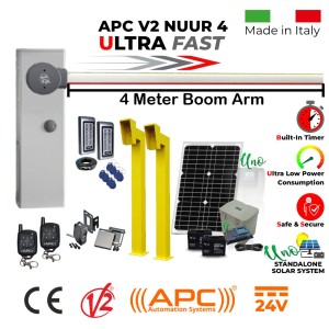 Solar Powered Off Grid Boom Barrier Access Control Kit with APC V2 NUUR 4, 60W Solar Panel, 17ah Dual Battery, Uno All in One Standalone Solar System, Remote Controls, Gooseneck Pedestals, Keypads with EM Card Reader | Ultra High-Speed 24V APC V2 NUUR4, Universal Boom Barrier/ Parking Barrier, Car Parking Secure Access Control System, Made in Italy