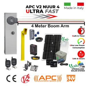 Solar Powered Off Grid Boom Gate Ultimate Secure Access Kit. Universal Boom Gate Ultra High-Speed 24V, Made in Italy, Boom Barrier / Parking Barrier, Car Parking Access Control APC V2 NUUR 4, 60W Solar Panel, 17ah Dual Battery, Uno All in One Standalone Solar System, Remote Controls, Induction Loop, Gooseneck Pedestal, Keypad with EM Card Reader and Retro Reflective Safety Sensor