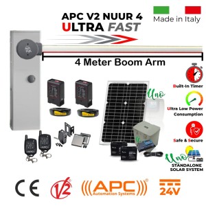 Solar Powered Off Grid Boom Gate Ultimate Access Kit. Universal Boom Gate Ultra High-Speed 24V, Made in Italy, Boom Barrier / Parking Barrier, Car Parking Access Control APC V2 NUUR 4, 60W Solar Panel, 17ah Dual Battery, Uno All in One Standalone Solar System, Remote Controls, Two Induction Loops for Entry & Exit.