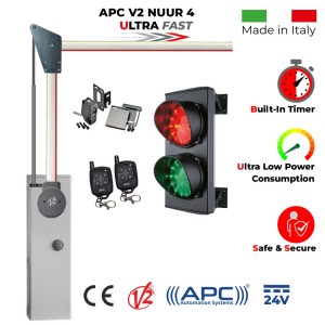 4 Meter Boom Gate Barrier Traffic Lights Secure Access Control Kit with Boom Barrier Gate Operator with 90 Degree Articulated Arm, Remote Controls, Safety Sensors and Double (Red/Green) Traffic Signal LED Lights (Made in Italy by Stagnoli). Ultra High-Speed 24V DC APC V2 NUUR4, Universal Boom Barrier. Car Parking Secure Access Control System, Made in Italy