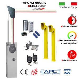 4 Meter Boom Barrier Access Control Kit with APC V2 NUUR 4 Boom, 90 Degree Articulated Arm, Two Remote Controls, Gooseneck Pedestals and Keypads with EM Card Reader. Ultra High-Speed 24V DC APC V2 NUUR4, Universal Boom Barrier. Car Parking Secure Access Control System, Made in Italy