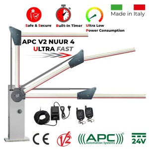 4 Meter Boom Barrier Gate Operator with 90 Degree Articulated Arm, Remote Controls and External 24V Transformer with 20m Low Voltage Cable. Ultra High-Speed 24V APC V2 NUUR4, Universal Boom Barrier. Car Parking Secure Access Control System, Made in Italy