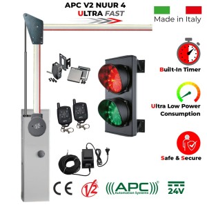 4 Meter Boom Gate Barrier Traffic Lights Secure Access Control Kit with Boom Barrier Gate Operator with 90 Degree Articulated Arm, Remote Controls, Safety Sensors, Double (Red/Green) Traffic Signal LED Lights (Made in Italy by Stagnoli) and External 24V Transformer with 20m Low Voltage Cable. Ultra High-Speed 24V APC V2 NUUR4, Universal Boom Barrier. Car Parking Secure Access Control System, Made in Italy