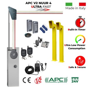 4 Meter Boom Barrier Access Control Kit with APC V2 NUUR 4 Boom, 90 Degree Articulated Arm, Two Remote Controls, External 24V Transformer with 20m Low Voltage Cable, Gooseneck Pedestals and Keypads with EM Card Reader. Ultra High-Speed 24V APC V2 NUUR4, Universal Boom Barrier. Car Parking Secure Access Control System, Made in Italy