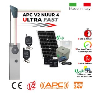 Solar Powered Off Grid 4 Meter Boom Barrier Gate Operator with 90 Degree Articulated Arm, 60W Solar Panel, 17ah Dual Battery, Uno All in One Standalone Solar System, Two Key Chain Remotes. Ultra High-Speed 24V APC V2 NUUR4, Universal Boom Barrier. Car Parking Secure Access Control System, Made in Italy