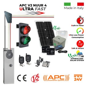 Solar Powered Boom Gate Operator with Traffic Lights Secure Access Control Kit. 4 Meter Boom Barrier Gate Operator with 90 Degree Articulated Arm, 60W Solar Panel, 17ah Dual Battery, Uno All in One Standalone Solar Off Grid System, Two Remote Controls, Double (Red/Green) Traffic Signal LED Lights (Made in Italy by Stagnoli) and Safety Sensors. Ultra High-Speed 24V APC V2 NUUR4, Car Parking Secure Access Control System, Made in Italy