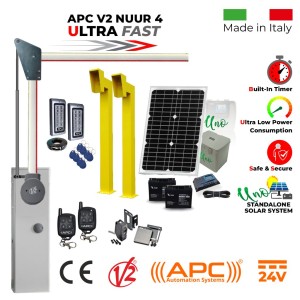 Solar Powered Off Grid Boom Barrier Access Control Kit with APC V2 NUUR 4, 90 Degree Articulated Arm, 60W Solar Panel, 17ah Dual Battery, Uno All in One Standalone Solar System, Remote Controls, Gooseneck Pedestals, Keypads with EM Card Reader | Ultra High-Speed 24V APC V2 NUUR4, Universal Boom Barrier/ Parking Barrier, Car Parking Secure Access Control System, Made in Italy
