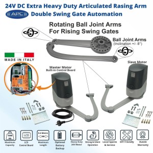 Rising Gate Opener for Double Swing Sloping Driveways Gate | APC Automated Rising Gate Opener System, With Italian Made Proteous PA-8400 Heavy Duty Articulated Rising Arms, Double Swing Gates Automation