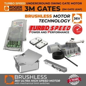 Underground Single Swing Electric Gate Kit | Roger Technology Brushless Turbo-Speed 36V DC  | 100% Italian Made by Roger Technology BR21/351/HS for Swing Gate Automation System. Ultra High-Speed 100% Duty Cycle Brushless Engine With Mechanical Stopper in Opening and Closing Limits | Max. 3M or 400KG Per Gate Leaf | Super Intensive Use.