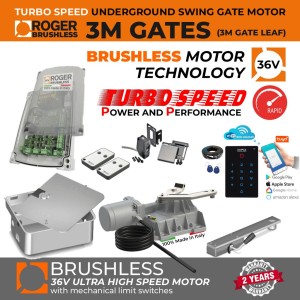 Underground Brushless Single Swing Electric Gate Opener Smart WiFi Kit With Safety Sensor, WiFi Keypad for Smart Device APP Access Control | Roger Technology Brushless Turbo-Speed 36V DC  | 100% Italian Made by Roger Technology BR21/351/HS for Swing Gate Automation System. Ultra High-Speed 100% Duty Cycle Brushless Engine With Mechanical Stopper in Opening and Closing Limits | Max. 3M or 400KG Per Gate Leaf | Super Intensive Use.