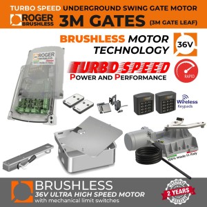 Underground Brushless Single Swing Electric Gate Opener Super Secure Kit With Safety Sensor, Two Wireless Keypads for Entry and Exit Secure Access Control | Roger Technology Brushless Turbo-Speed 36V DC  | 100% Italian Made by Roger Technology BR21/351/HS for Swing Gate Automation System. Ultra High-Speed 100% Duty Cycle Brushless Engine With Mechanical Stopper in Opening and Closing Limits | Max. 3M or 400KG Per Gate Leaf | Super Intensive Use.