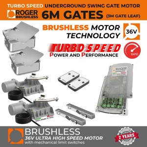 Underground Double Swing Electric Gate Kit | Roger Technology Brushless Turbo-Speed 36V DC  | 100% Italian Made by Roger Technology BR21/351/HS for Swing Gate Automation System. Ultra High-Speed 100% Duty Cycle Brushless Engine With Mechanical Stopper in Opening and Closing Limits | Max. 6m Opening (3M or 450KG Each Leaf)| Super Intensive Use