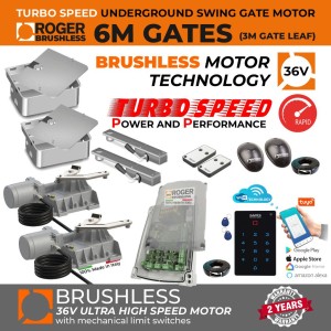 Underground Brushless Double Swing Electric Gate Opener Smart WiFi Kit With Safety Sensor, WiFi Keypad for Smart Device APP Access Control | Roger Technology Brushless Turbo-Speed 36V DC  | 100% Italian Made by Roger Technology BR21/351/HS for Swing Gate Automation System. Ultra High-Speed 100% Duty Cycle Brushless Engine With Mechanical Stopper in Opening and Closing Limits | Max. 6m Opening (3M or 450KG Each Leaf) | Super Intensive Use.
